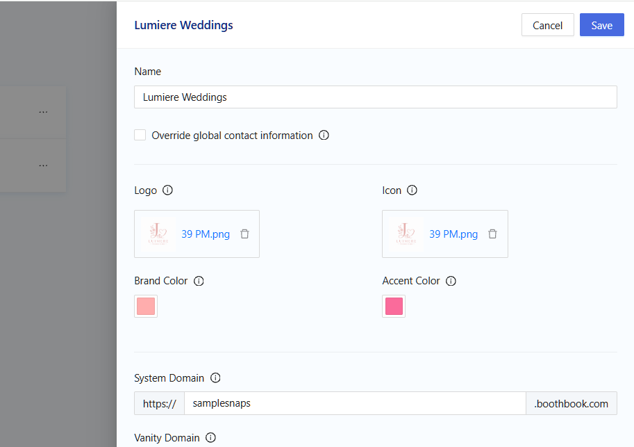 Lumiere Weddings brand settings with custom logo, brand and accent colors, and system domain