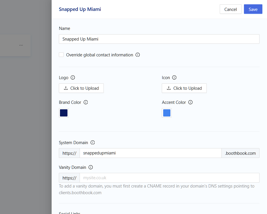 Per-location brand settings with logo, brand colors and system domain configuration