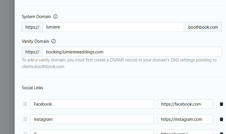 System and vanity domain configuration for the Lumiere Weddings brand with social links