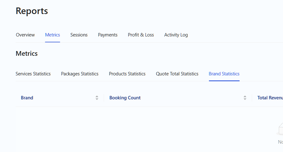 Reports page on the Metrics tab showing Brand Statistics with booking count and revenue per brand