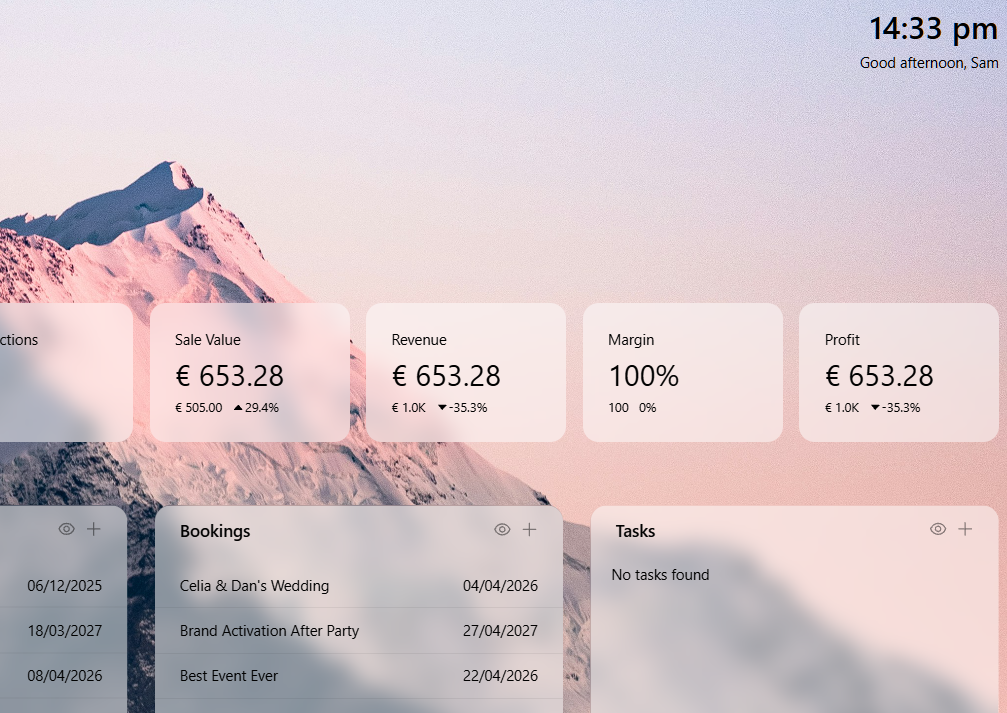 Franchisee workspace showing sale value, revenue, margin and profit metrics with bookings list