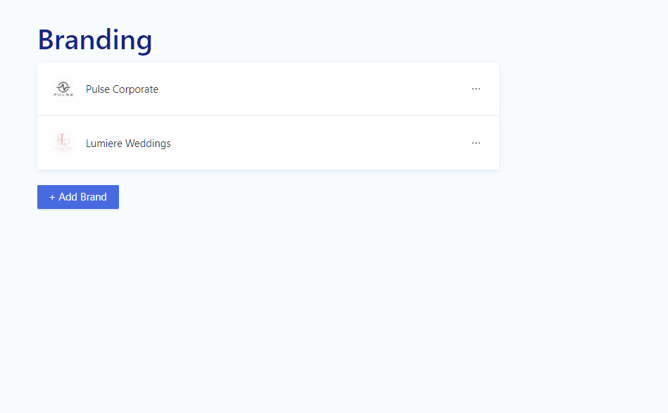 Branding settings showing Pulse Corporate and Lumiere Weddings brands