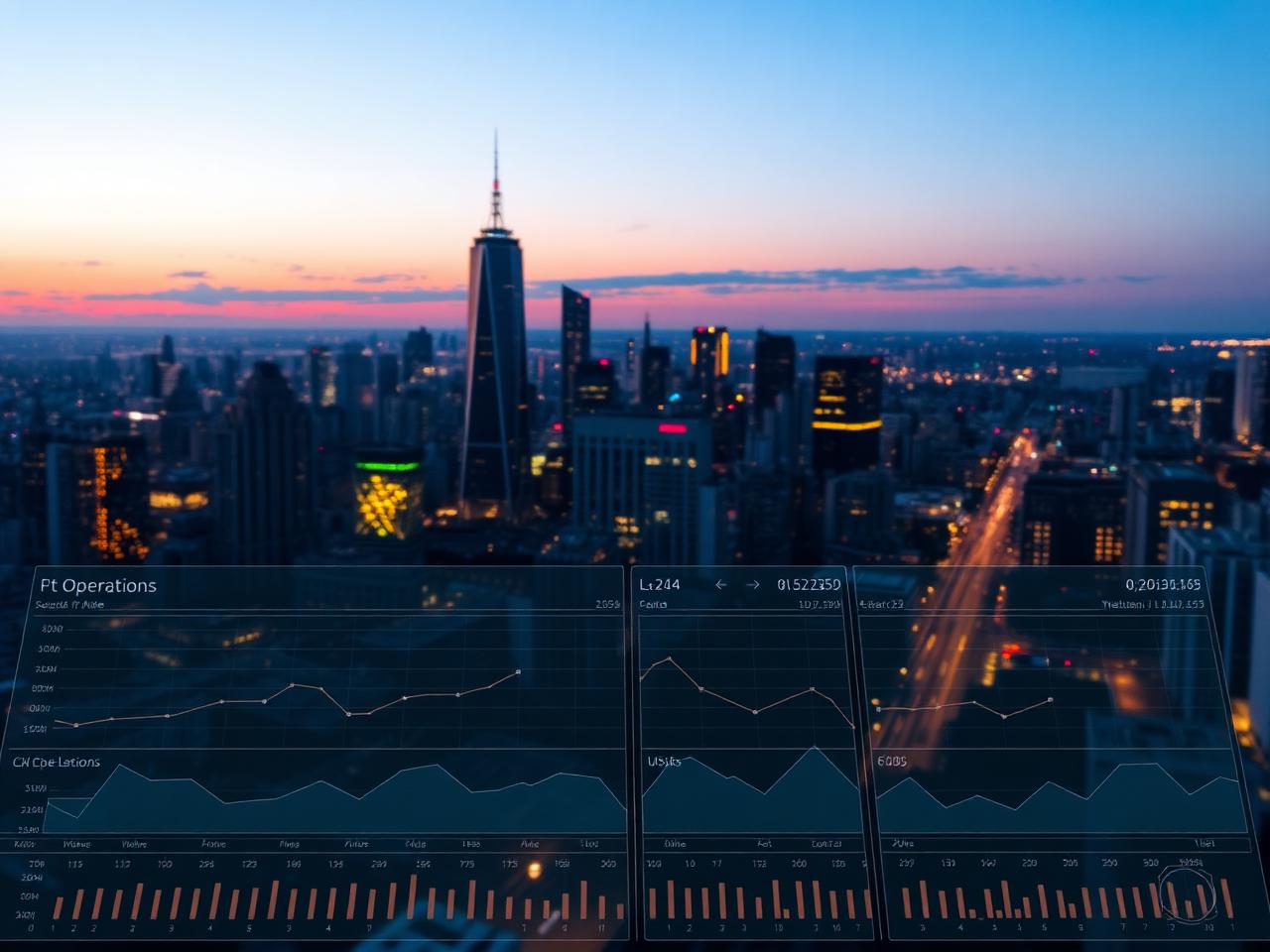 City skyline at dusk with operations dashboard overlay