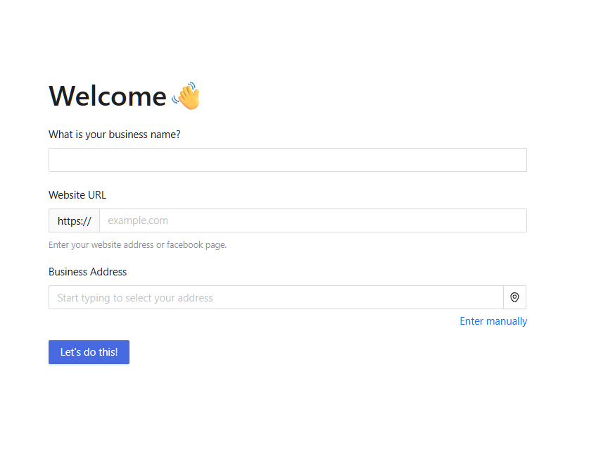 Welcome onboarding form asking new franchisee for business name, website and address