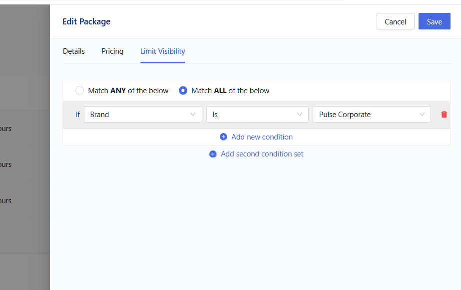 Edit Package visibility rules limiting a package to the Pulse Corporate brand
