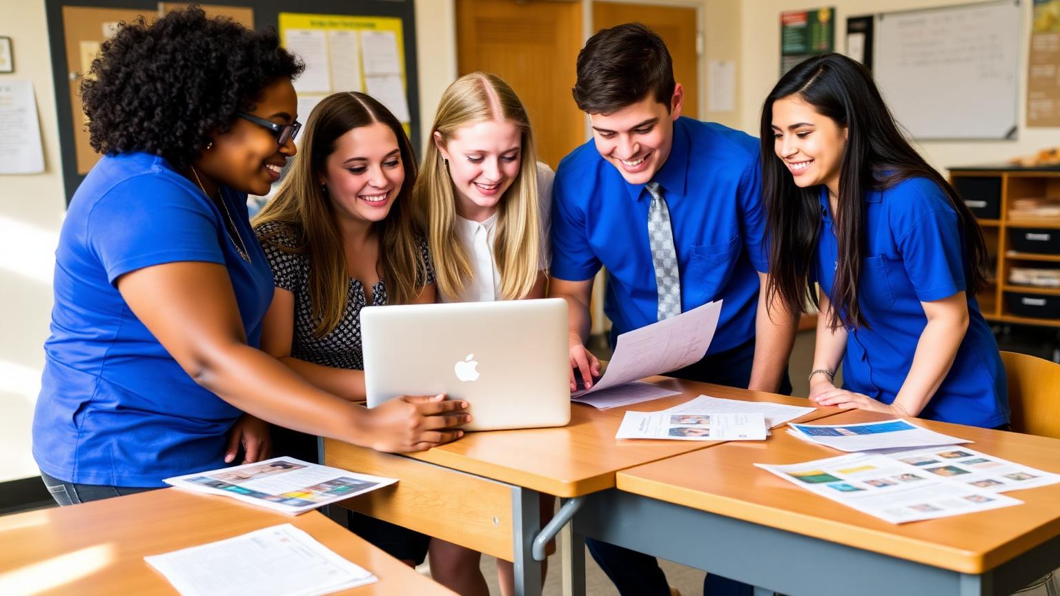 Teacher and student committee planning a prom on a shared screen