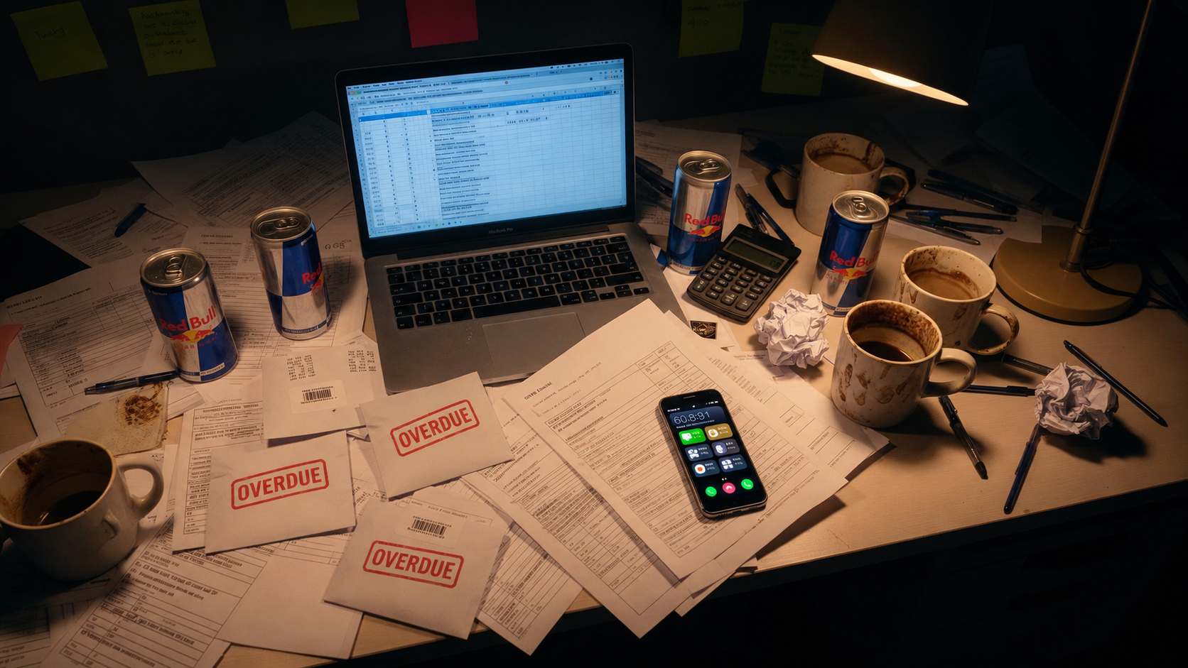 Chaotic desk piled with paperwork, overdue invoices, energy drinks, coffee mugs and a phone full of missed calls