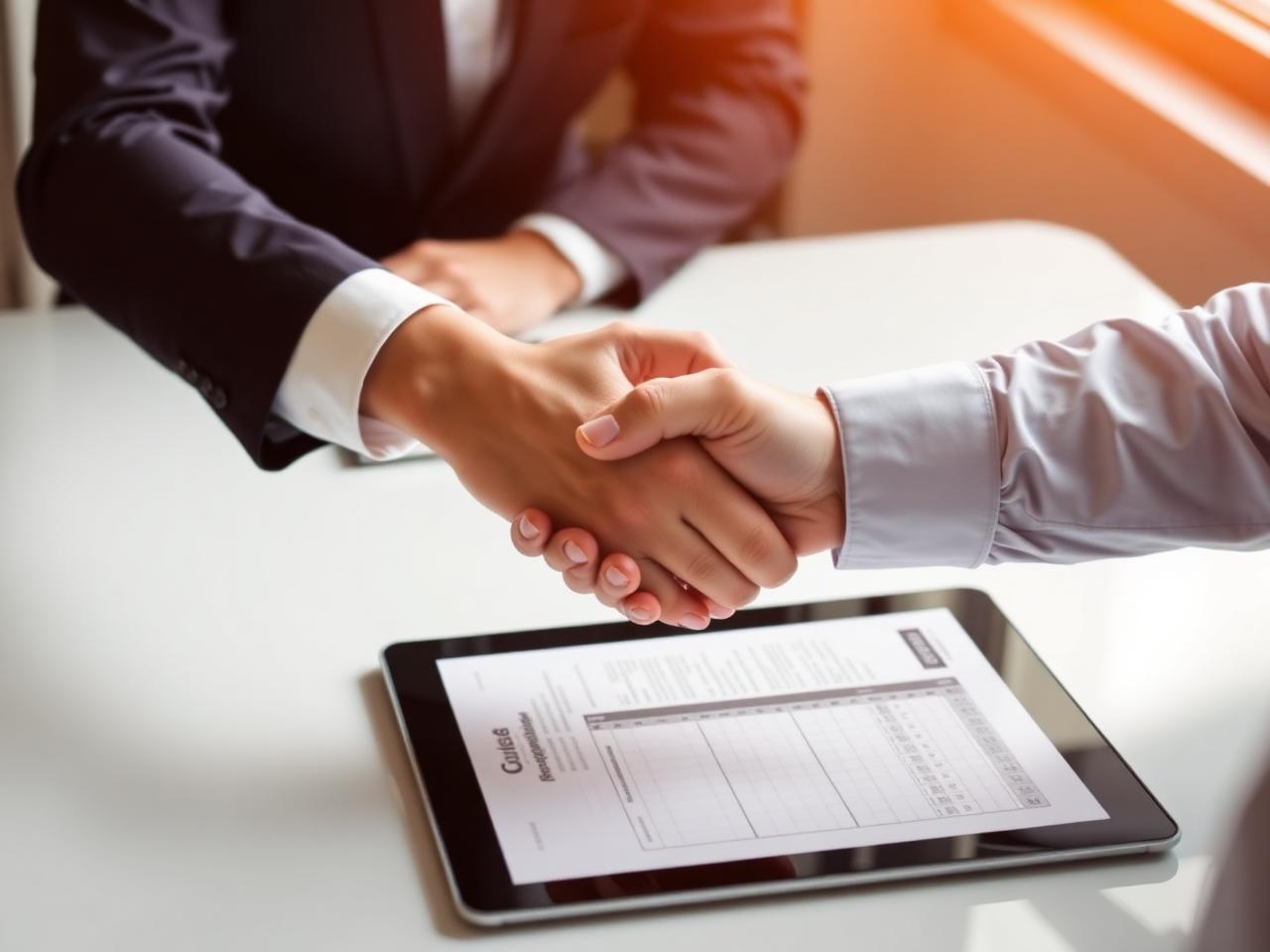 Handshake over a tablet showing a subcontractor job sheet